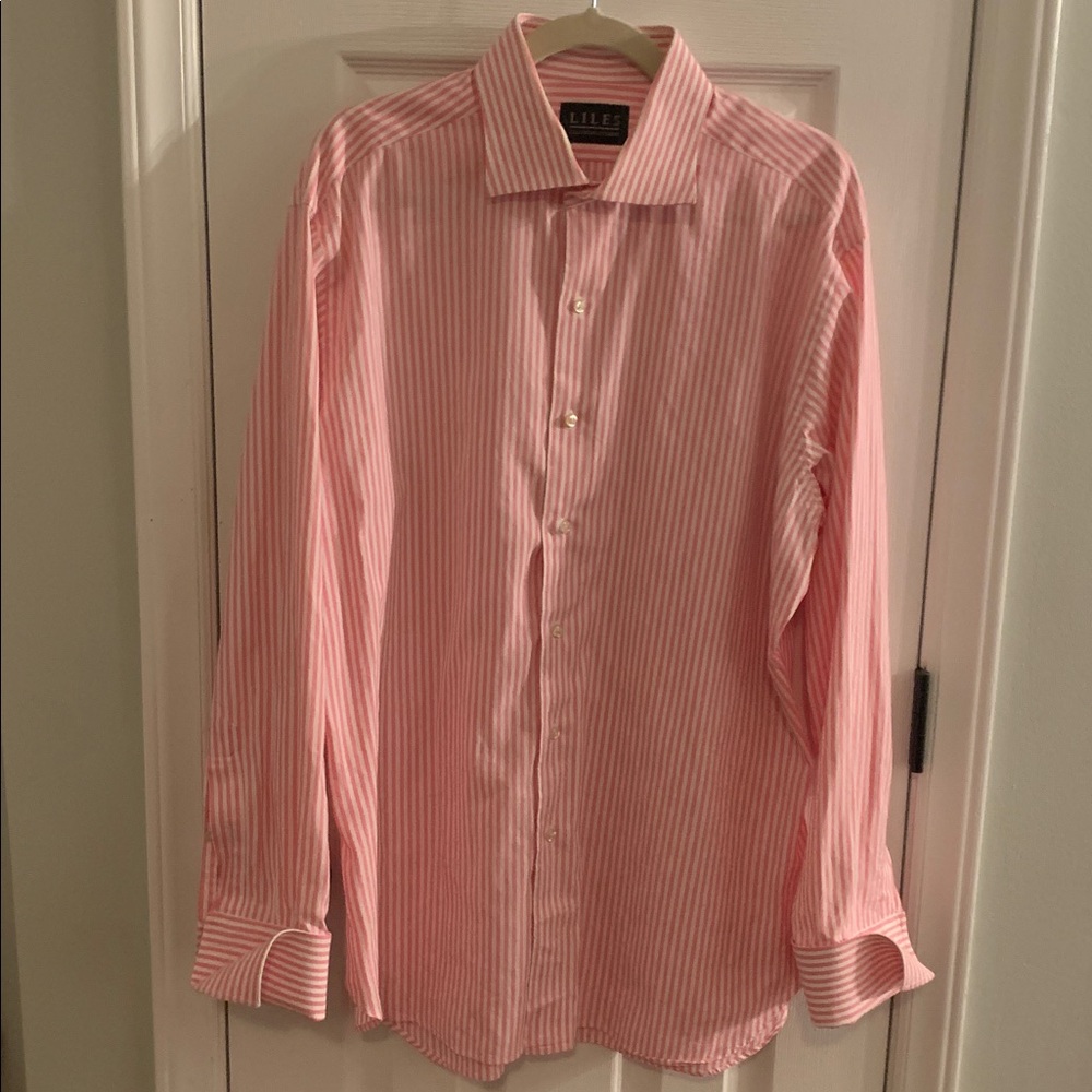 Men’s Dress Shirt 17” Neck Liles Clothing Studio Pink White Vertical Stripe
